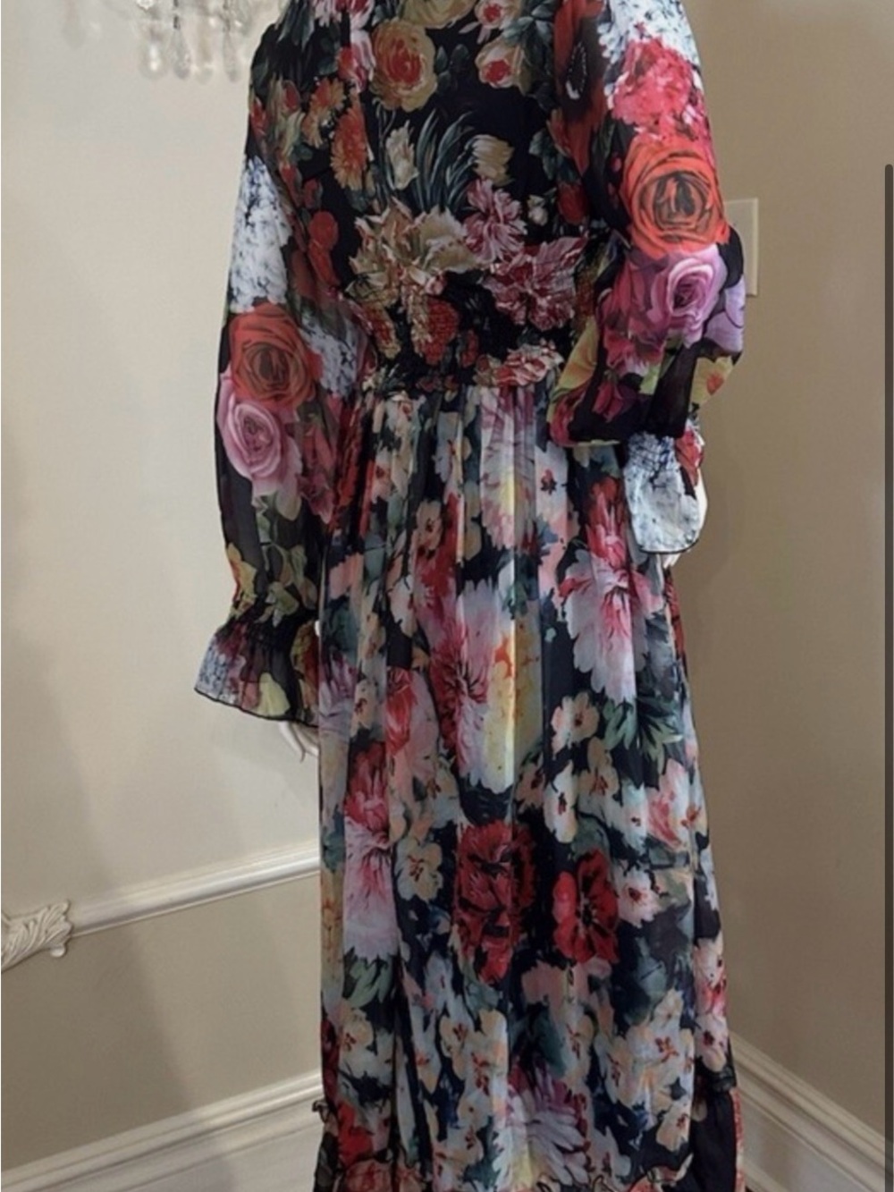 Dalia Macphee VIBRANT Floral Chiffon Smocked Waist Maxi Dress MEDIUM GORGEOUS - Picture 14 of 16